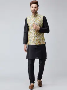 SOJANYA Men Black & Khaki Self Design Kurta with Churidar & Nehru Jacket