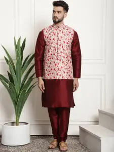 SOJANYA Men Maroon & Beige Self Design Kurta with Churidar & Nehru Jacket
