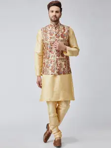 SOJANYA Men Beige & Gold-Toned Self Design Kurta with Churidar & Nehru Jacket