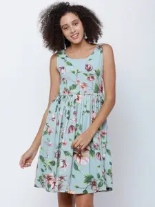 Tokyo Talkies Women Sea Green Printed Fit and Flare Dress