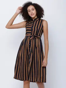 Tokyo Talkies Women Navy Blue Striped Fit and Flare Dress