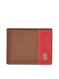 Second SKIN Men Tan Brown & Red Colourblocked Genuine Leather Two Fold Wallet