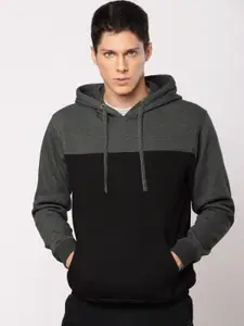 ether Men Black & Charcoal Grey Colourblocked Hooded Sweatshirt