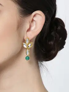 KARATCART Green Gold-Plated Handcrafted Leaf Shaped Drop Earrings