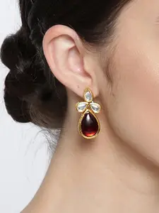 KARATCART Maroon Gold-Plated Handcrafted Teardrop Shaped Drop Earrings
