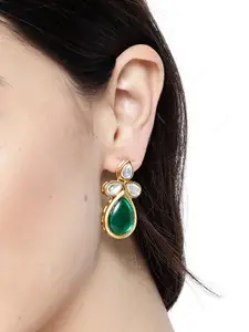 KARATCART Green Gold-Plated Handcrafted Teardrop Shaped Drop Earrings