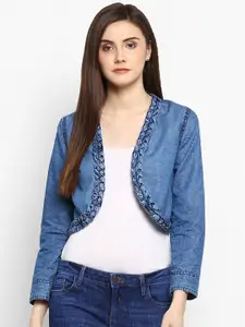 StyleStone Blue Self Design Open Front Denim Shrug