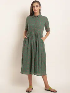 RARE ROOTS Women Green Printed Fit and Flare Dress