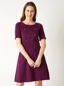 Miss Chase Women Purple Embellished Knee Length Fit and Flare Dress
