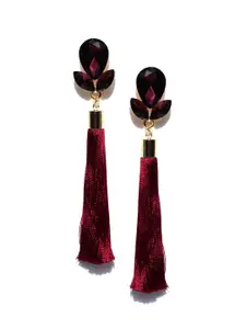 Jewels Galaxy Maroon Gold-Plated Tasseled Contemporary Drop Earrings