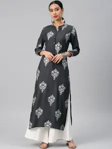 Vishudh Women Charcoal Grey Printed Straight Kurta