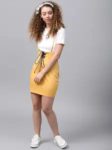 STREET 9 Women Mustard Yellow Solid Pencil Skirt with Suspenders