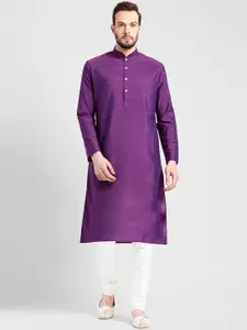 KISAH Men Purple & White Solid Kurta with Churidar