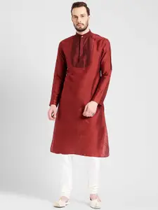 KISAH Men Maroon & White Yoke Design Kurta with Churidar