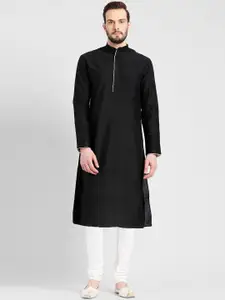 KISAH Men Black & White Solid Kurta with Churidar