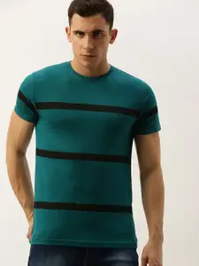 DILLINGER Men Teal Green  Black Striped Round Neck Pure Cotton T-shirt