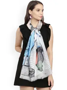 FabSeasons Women Off-White & Blue Printed Scarf