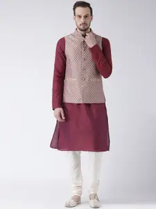 KISAH Men Magenta & Mauve Solid Banarasi Kurta with Churidar & Nehru Jacket