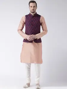 KISAH Men Peach & Purple Solid Banarasi Kurta with Churidar & Nehru Jacket