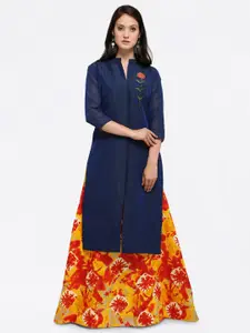 Saree mall Navy Blue & Orange Cotton Blend Semi-Stitched Dress Material