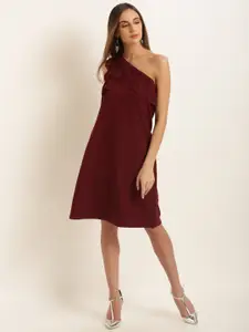 Marie Claire Women Maroon Solid One Shoulder A-Line Dress