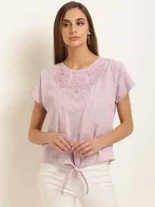 Marie Claire Women Lavender Embroidered Striped Pure Cotton Top