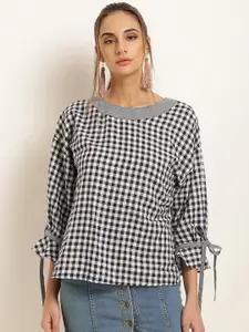 Marie Claire Women Navy Blue Checked Pure Cotton Top