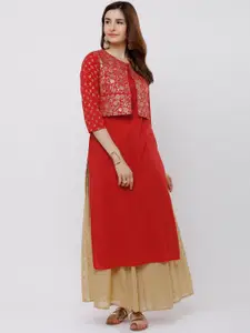 Vishudh Red Foil Print Cotton Straight Kurta With Crop Jacket