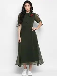Zima Leto Women Olive Green Solid Fit and Flare Dress with Embroidered Detail