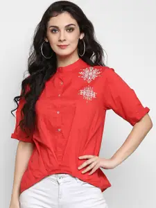 Zima Leto Women Coral Solid Shirt Style Top with Embroidered Detail