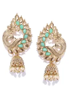 Zaveri Pearls Green & Off-White Gold-Plated Peacock Shaped Jhumkas