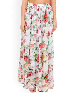 Cation Women White & Red Floral Print Flared Maxi Skirt