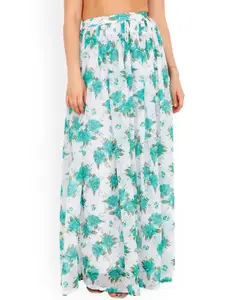 Cation Women White & Teal Green Floral Print Flared Maxi Skirt