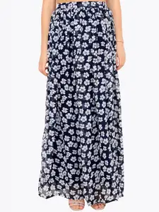 Cation Women Navy Blue & White Floral Print Flared Maxi Skirt
