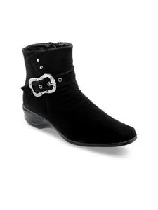 SHUZ TOUCH Women Black Solid Mid-Top Flat Boots