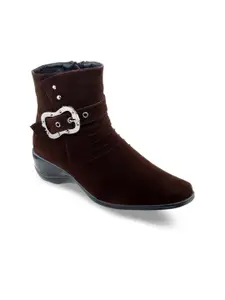 SHUZ TOUCH Women Brown Solid Mid-Top Flat Boots