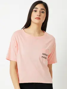 Miss Chase Women Peach-Coloured Printed Round Neck T-shirt