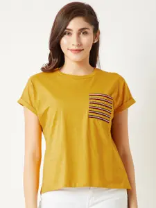 Miss Chase Women Mustard Coloured Solid Round Neck T-shirt