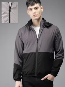 Moda Rapido Moda Rapido Men Grey & Black Colourblocked Reversible Tailored Jacket with Detachable Hood