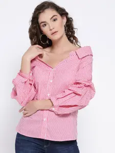 Berrylush Women Pink & White Striped Shirt Style Pure Cotton Top
