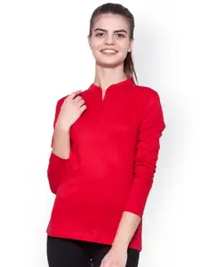 appulse Women Red Solid Mandarin Collar T-shirt