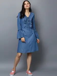 StyleStone Women Blue Solid Fit and Flare Denim Dress