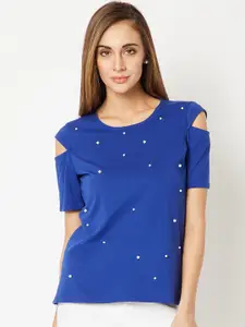 Miss Chase Blue Embellished Pure Cotton Top