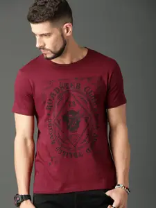 Roadster Men Maroon Printed Round Neck Pure Cotton T-shirt