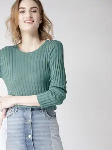 Mast & Harbour Women Sea Green Ribbed Pullover