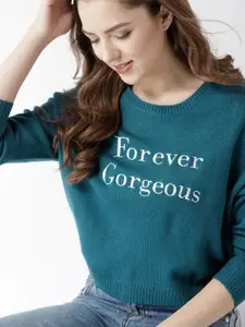 Mast & Harbour Women Teal Blue Embroidered Pullover