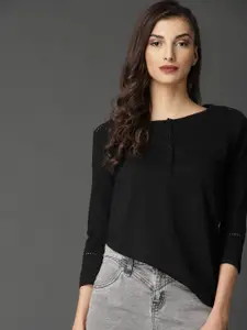 Roadster Black Solid Pure Cotton Top with Lace Detail