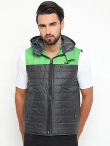 Plutus Men Charcoal Grey & Green Colourblocked Lightweight Hooded Padded Jacket