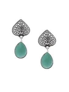 Bamboo Tree Jewels Green & Silver-Toned Oval Drop Earrings