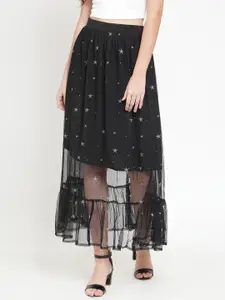 Martini Women Black Semi-Sheer Star Print Mesh A-Line Maxi Skirt